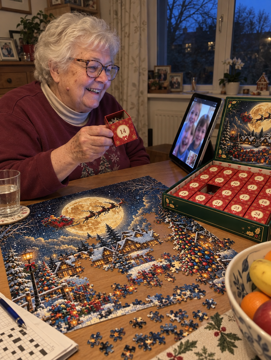 Grandmother opening advent box 14 on a video call with her grandchildren
