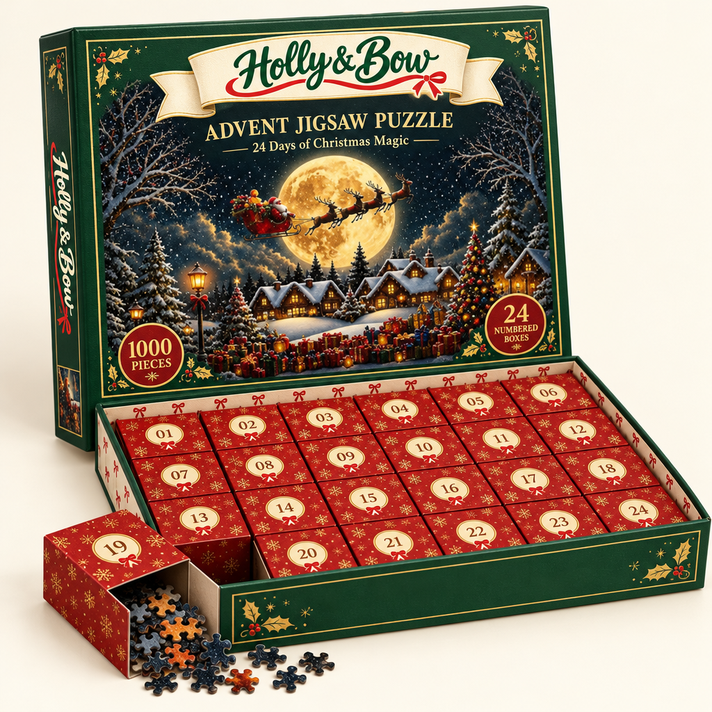 Holly & Bow Advent Jigsaw Puzzle box open with 24 numbered red mini boxes