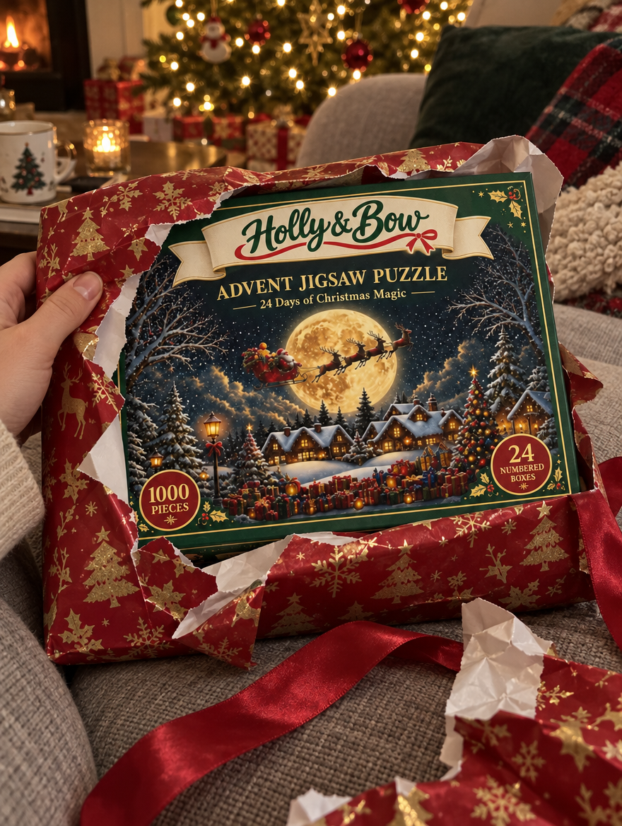 Holly & Bow advent puzzle box revealed inside half-unwrapped Christmas gift paper