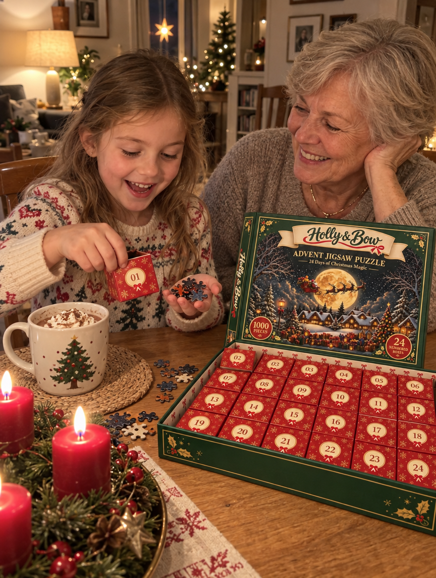 Grandmother and granddaughter opening box number 01 of the Holly & Bow advent puzzle