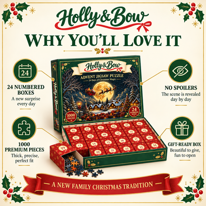 Why you'll love the Holly & Bow advent puzzle: 24 numbered boxes, 1000 pieces, no spoilers, gift-ready box