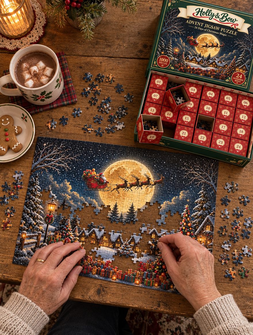 Hands assembling the moonlit Christmas village puzzle next to the open Holly & Bow box