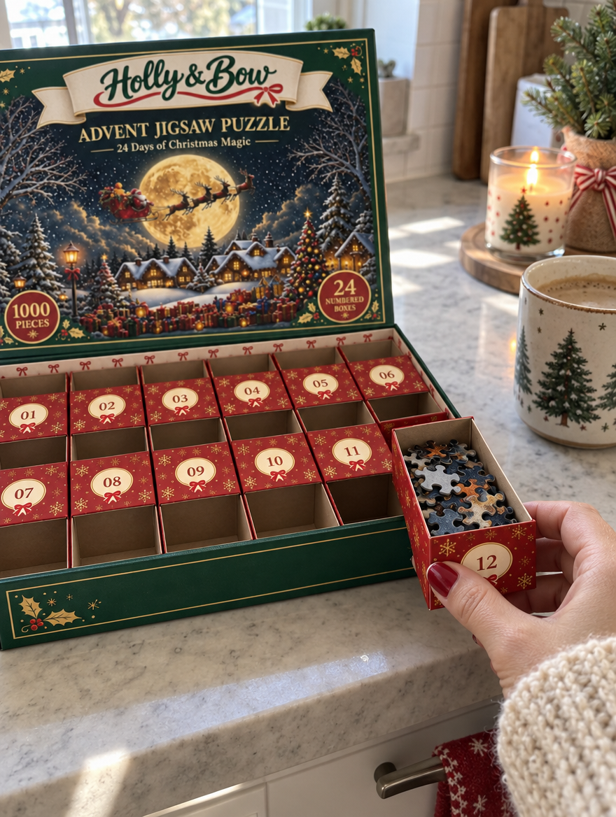 Hand pulling out numbered box 12 filled with puzzle pieces