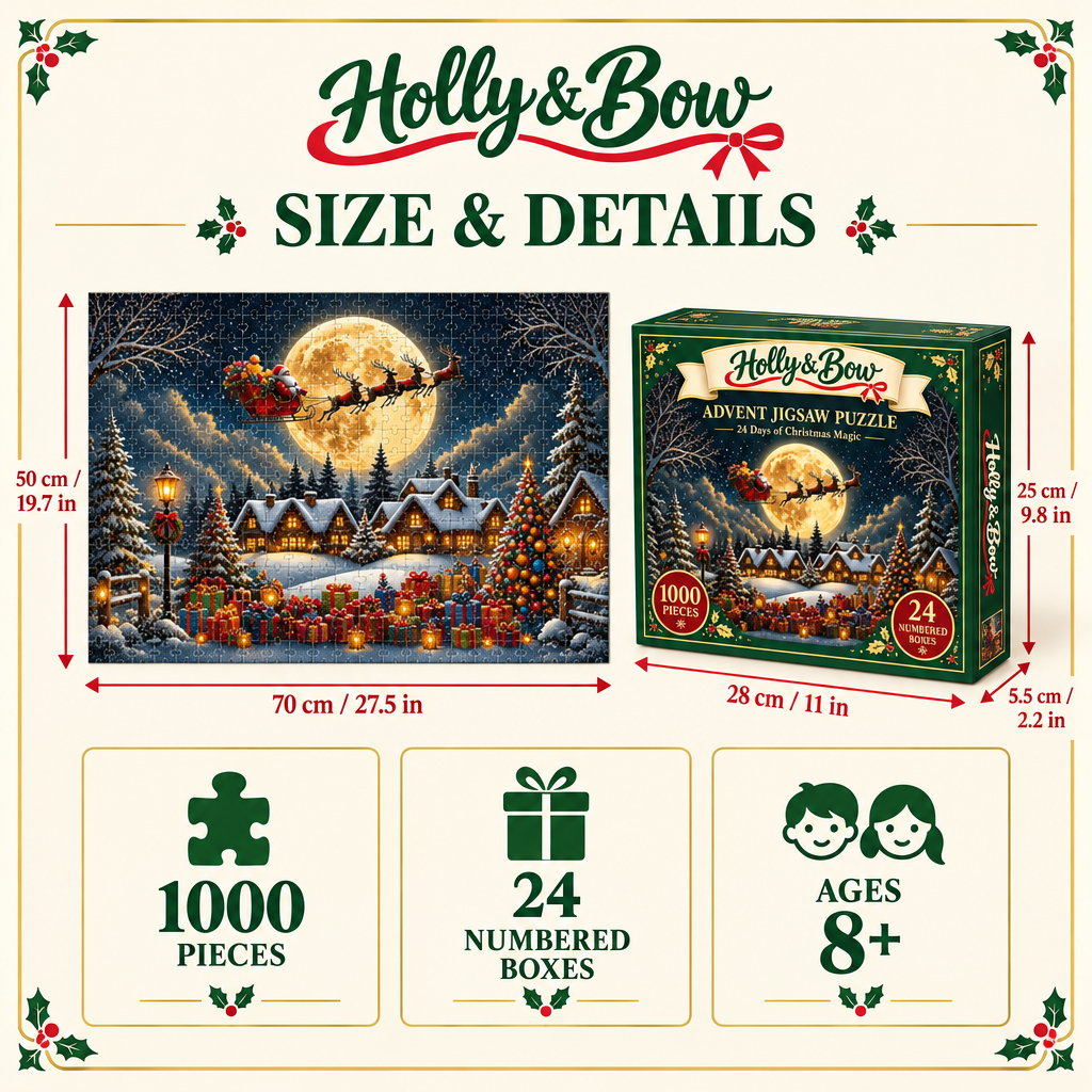 Holly & Bow advent puzzle size: completed puzzle 70 x 50 cm, box 28 x 25 x 5.5 cm