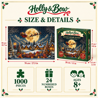 Holly & Bow advent puzzle size: completed puzzle 70 x 50 cm, box 28 x 25 x 5.5 cm