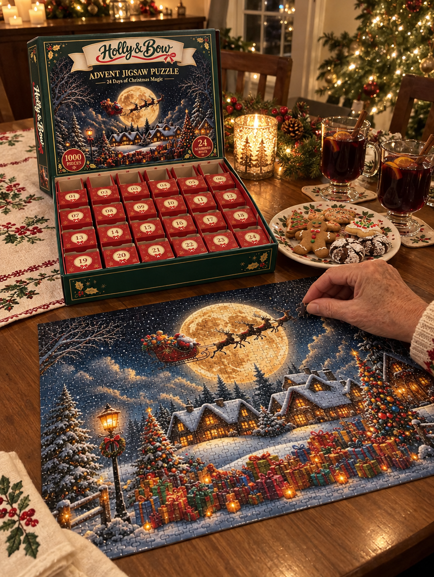 Placing the last piece of the completed Christmas village puzzle on Christmas Eve