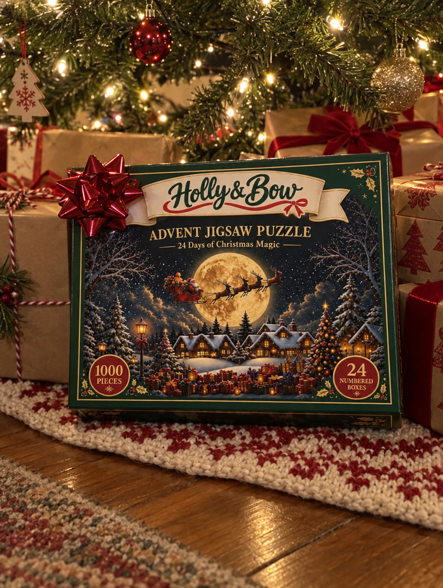 Holly & Bow advent puzzle box under the Christmas tree with wrapped presents