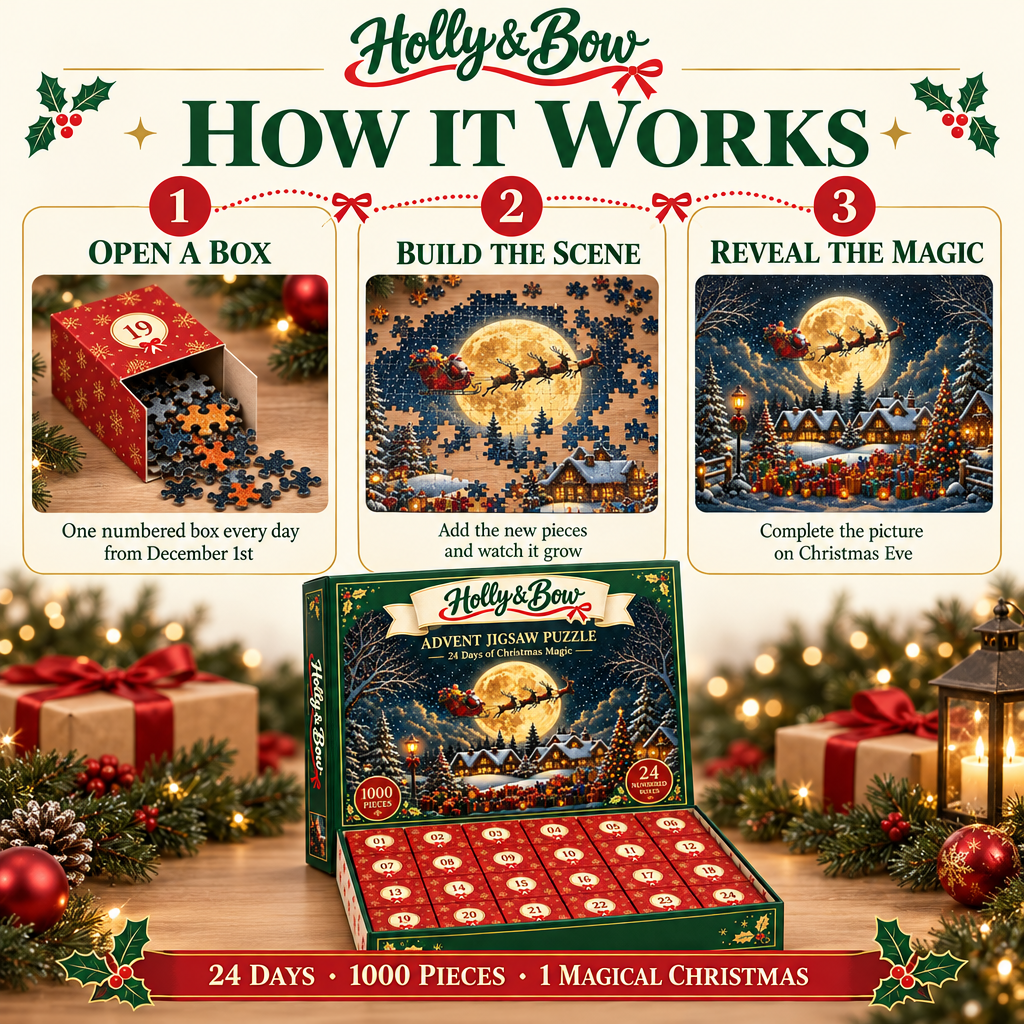 How the Holly & Bow advent puzzle works: open a box, build the scene, reveal the magic