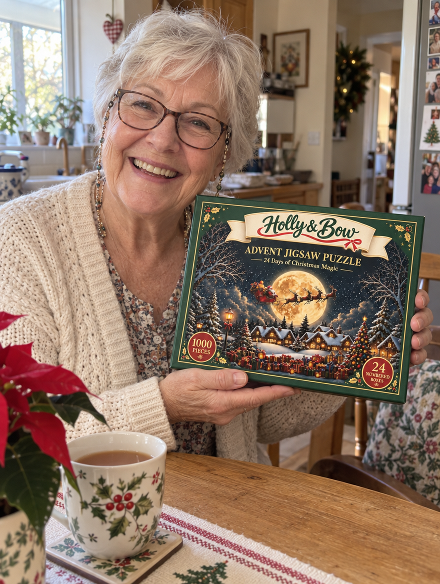 Smiling woman holding the Holly & Bow advent puzzle box at her kitchen table